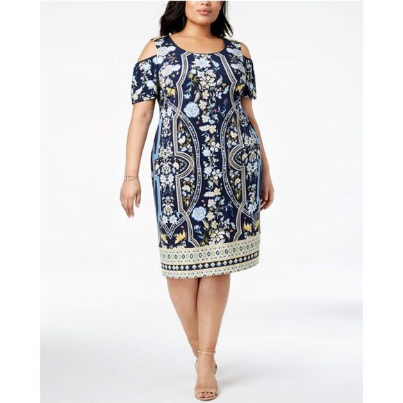 JM Collection Floral Print Crystals Cold Shoulder Shift Dress Size 3X 22 24 Plus - Picture 1 of 7